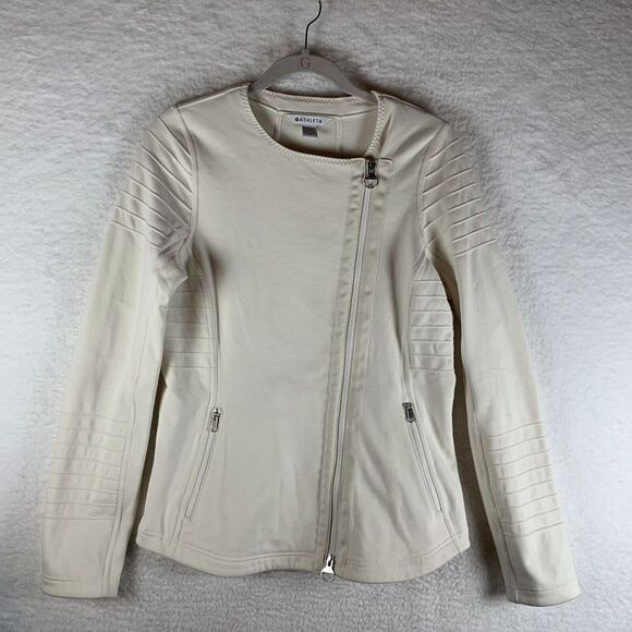 Athleta Moto Jacket Women Medium Beige Stretch Fleece Asymmetrical Full Zip 7756 - Picture 1 of 7